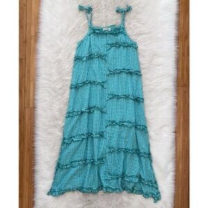 Francesca Sandro Green White Plaid Tiered Ruffle Flowy Maxi Dress Cottagecore XS